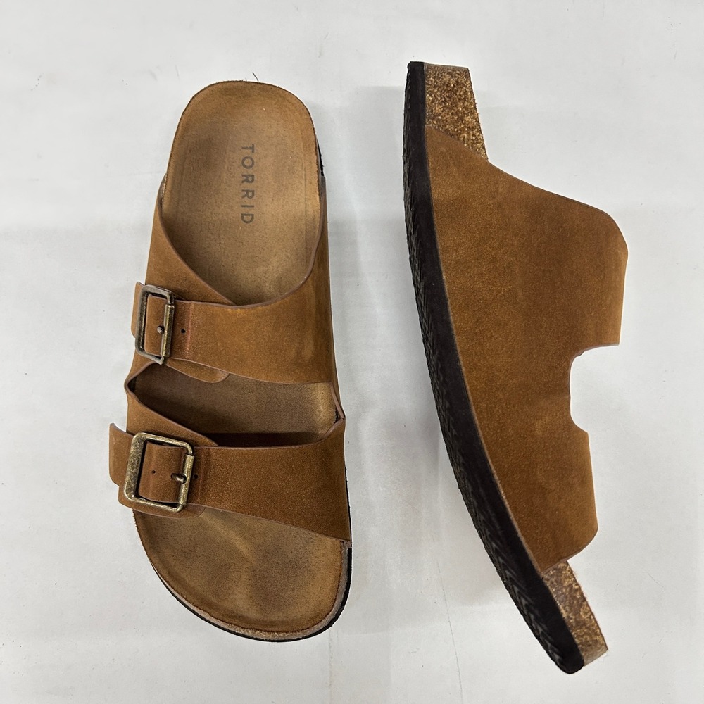 Torrid Sandals 8.5 WW Cognac Brown Extra Wide Two Strap Buckle Footbed Slides